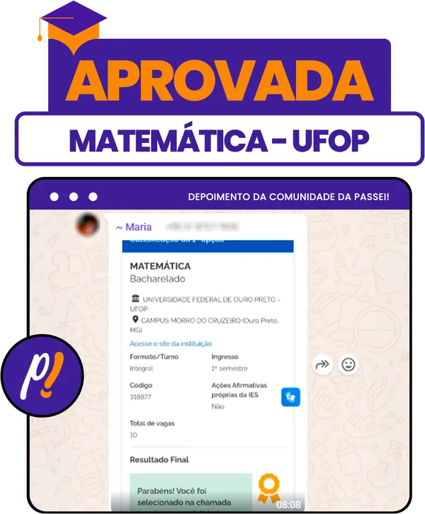 Cartão de aprovação: Maria, Matemática, UFOP