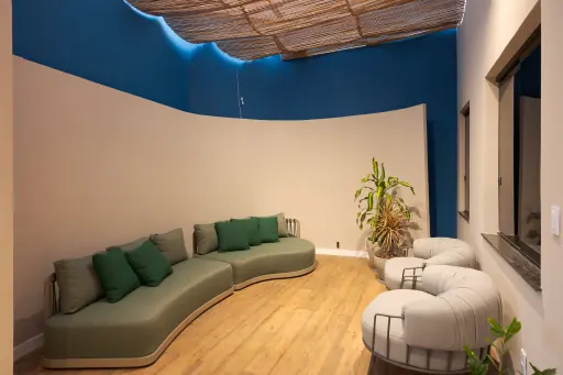 Espaço zen com sofá verde, poltronas e plantas